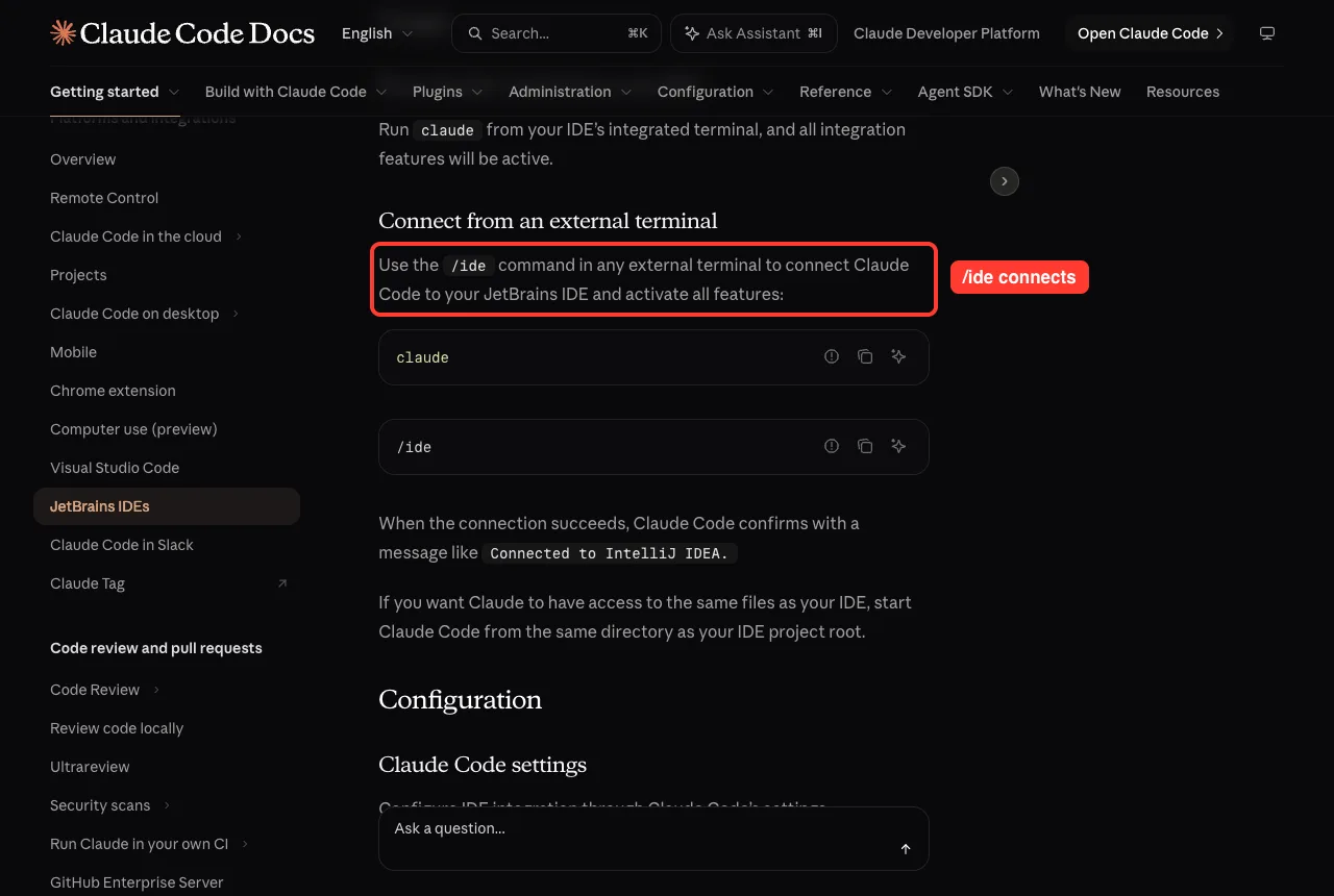 Official JetBrains docs section on connecting from an external terminal with the /ide command highlighted