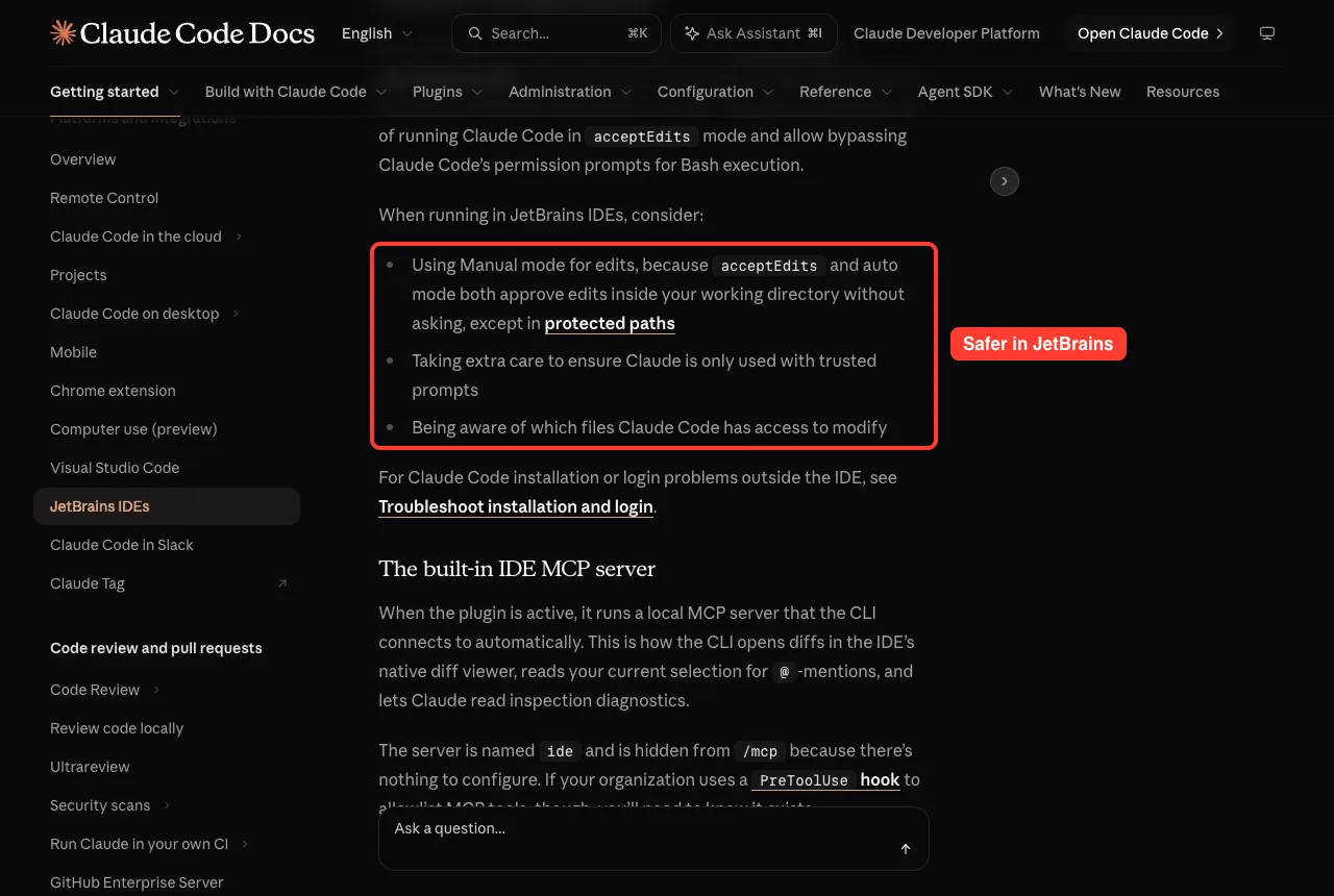 Official JetBrains docs security advice with the three precautions highlighted