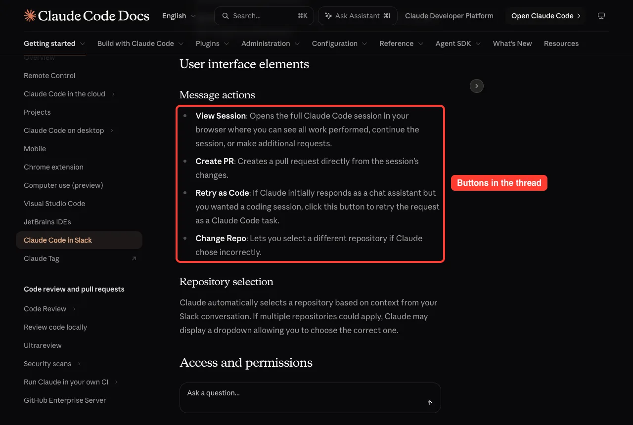 Official Slack docs list of message actions: View Session, Create PR, Retry as Code and Change Repo