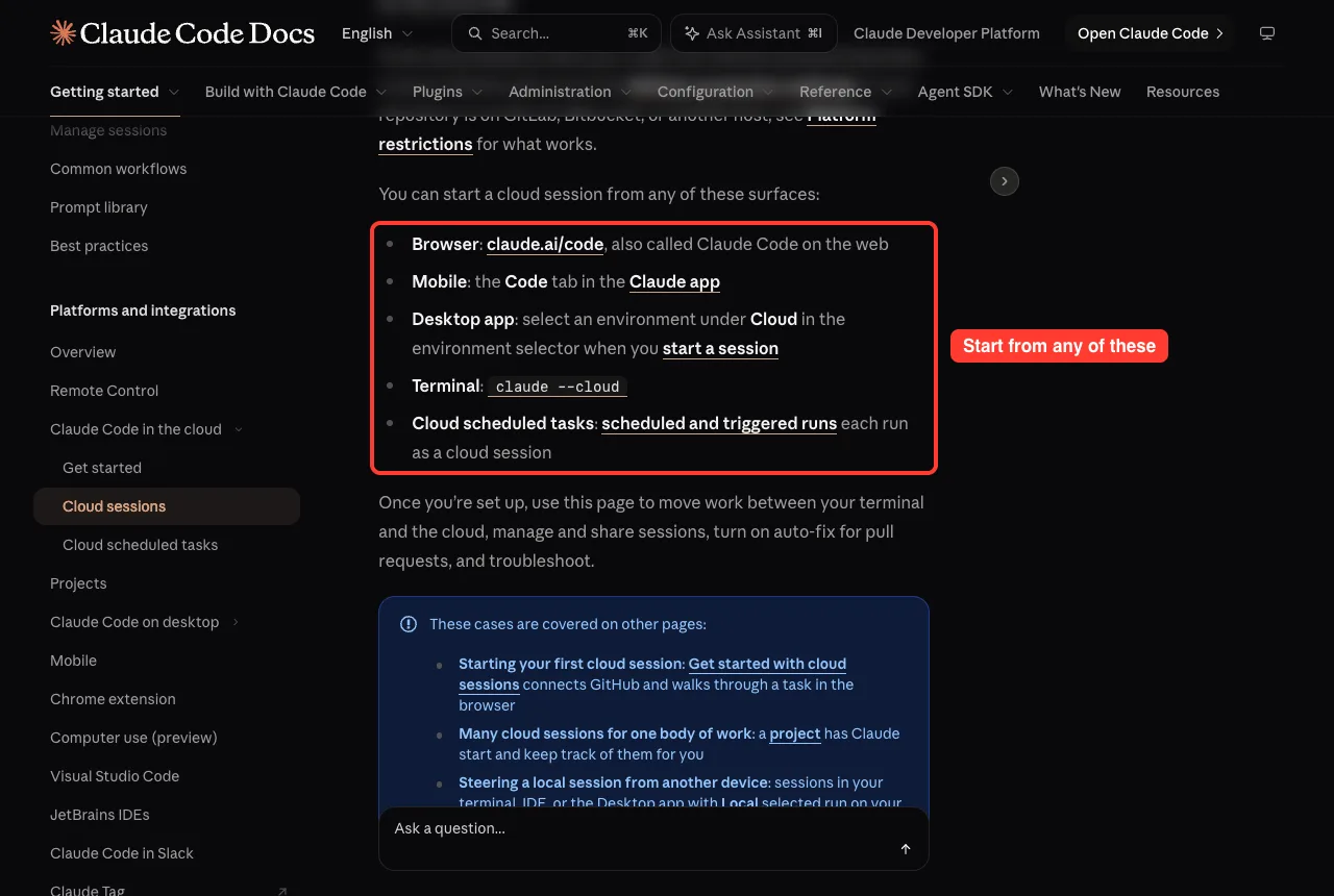 Official docs list of surfaces that can start a cloud session: browser, mobile, desktop app, terminal and cloud scheduled tasks