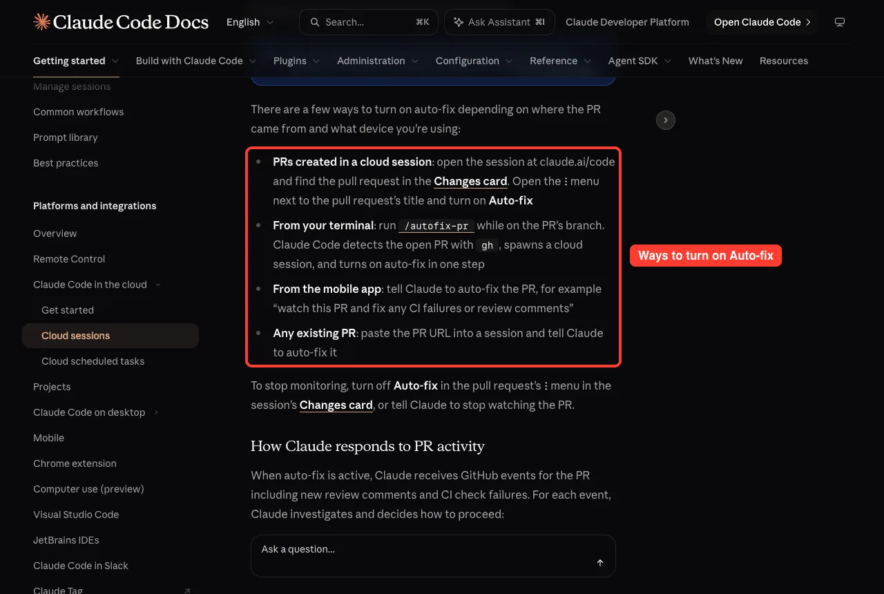 Official docs list of four ways to turn on Auto-fix for a pull request