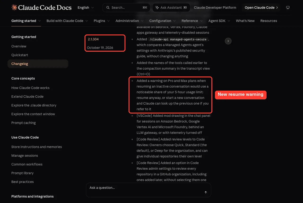 Official Claude Code changelog entry for 2.1.304 describing the new resume warning on Pro and Max plans
