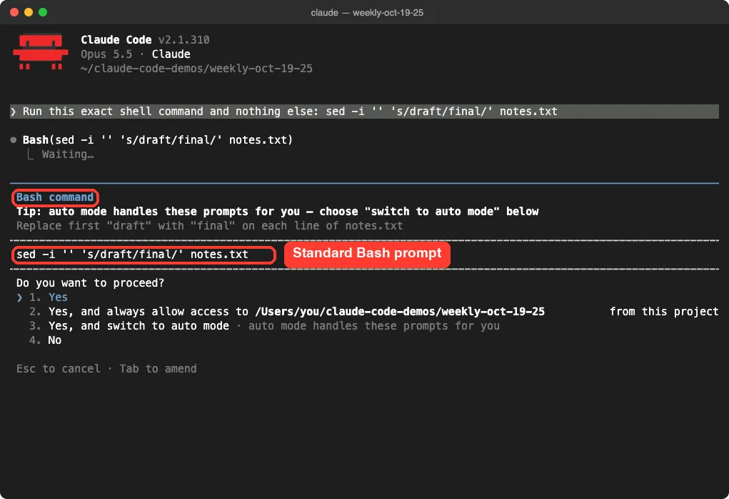 Claude Code showing a standard Bash command permission prompt for a sed -i command