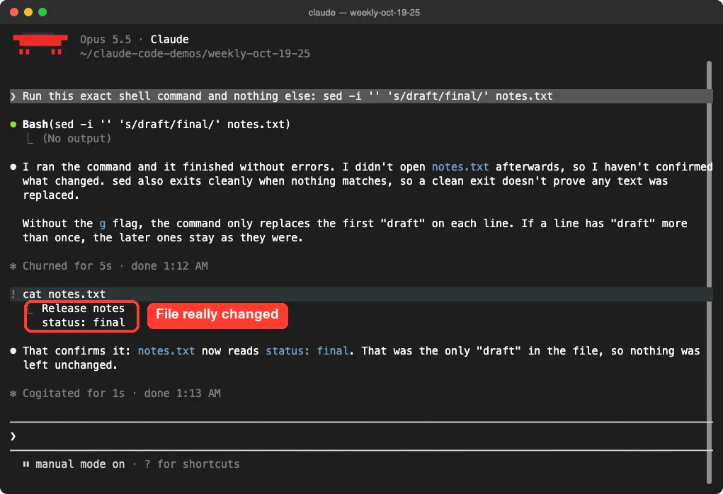 Claude Code session showing cat notes.txt output with status final after the sed command ran