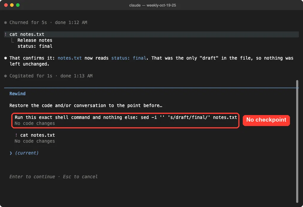 Claude Code rewind menu listing the sed turn with No code changes