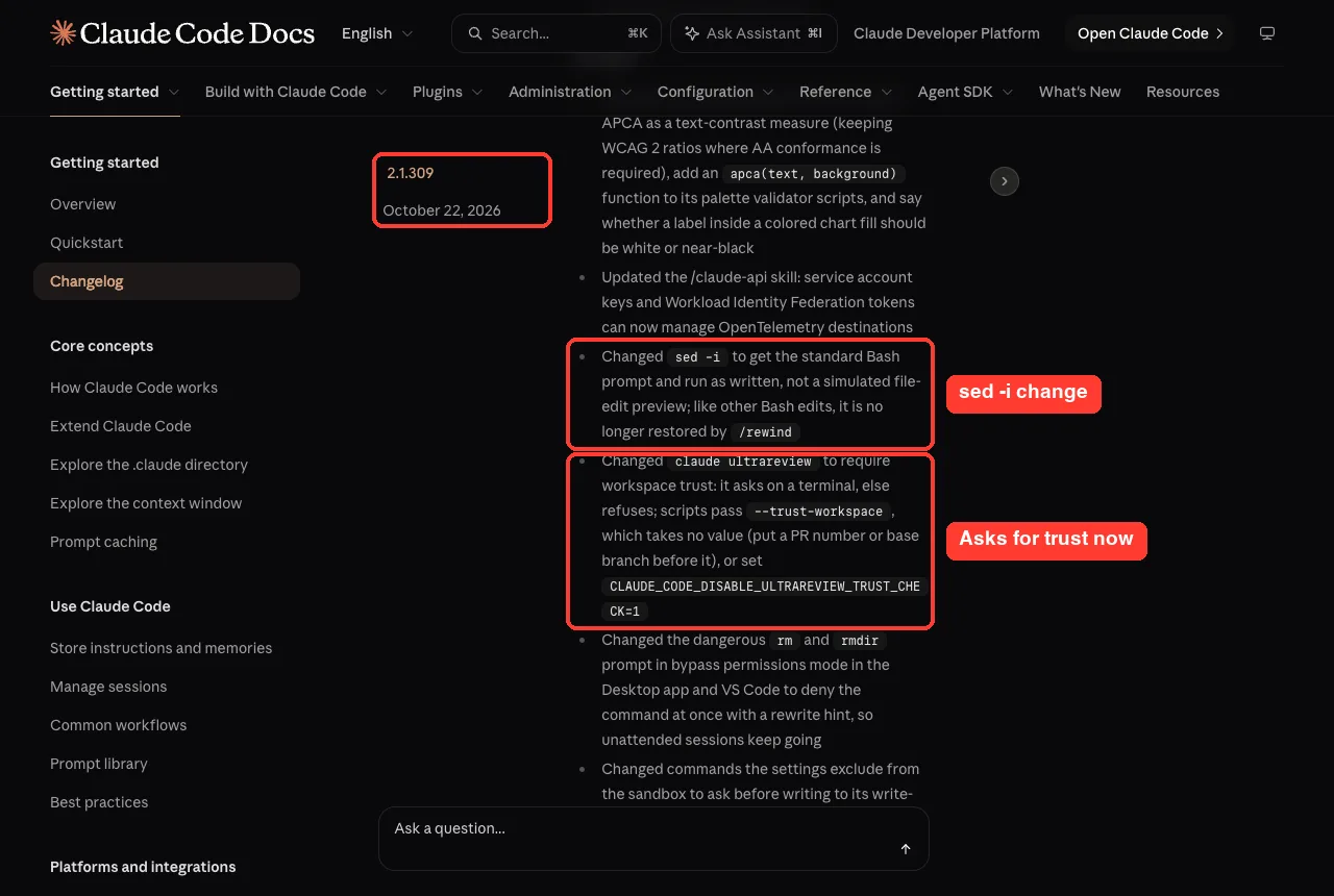 Changelog entries for 2.1.309 covering the sed -i change and the ultrareview workspace trust requirement