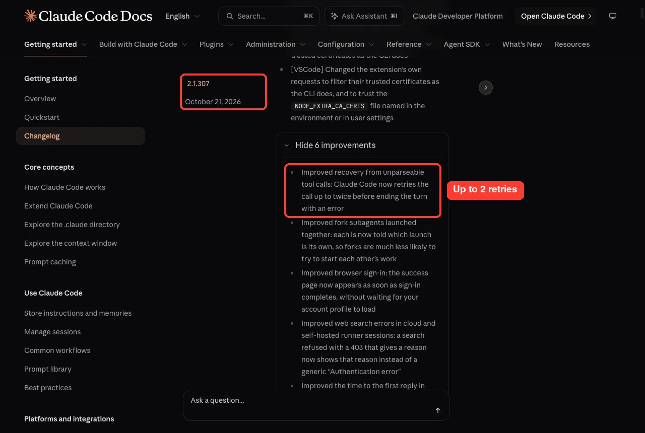 Changelog entry for 2.1.307 saying Claude Code retries unparseable tool calls up to twice