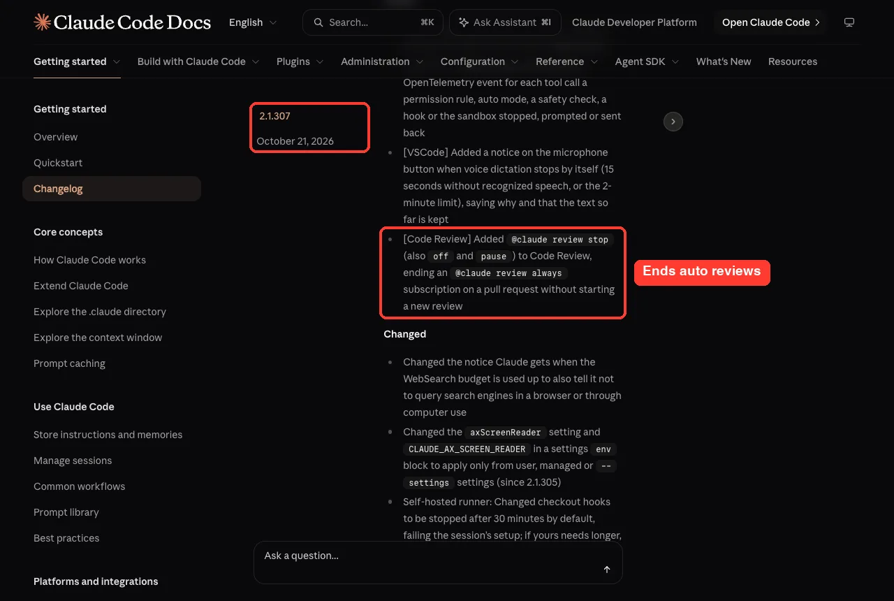 Changelog entry for 2.1.307 adding the @claude review stop command to Code Review
