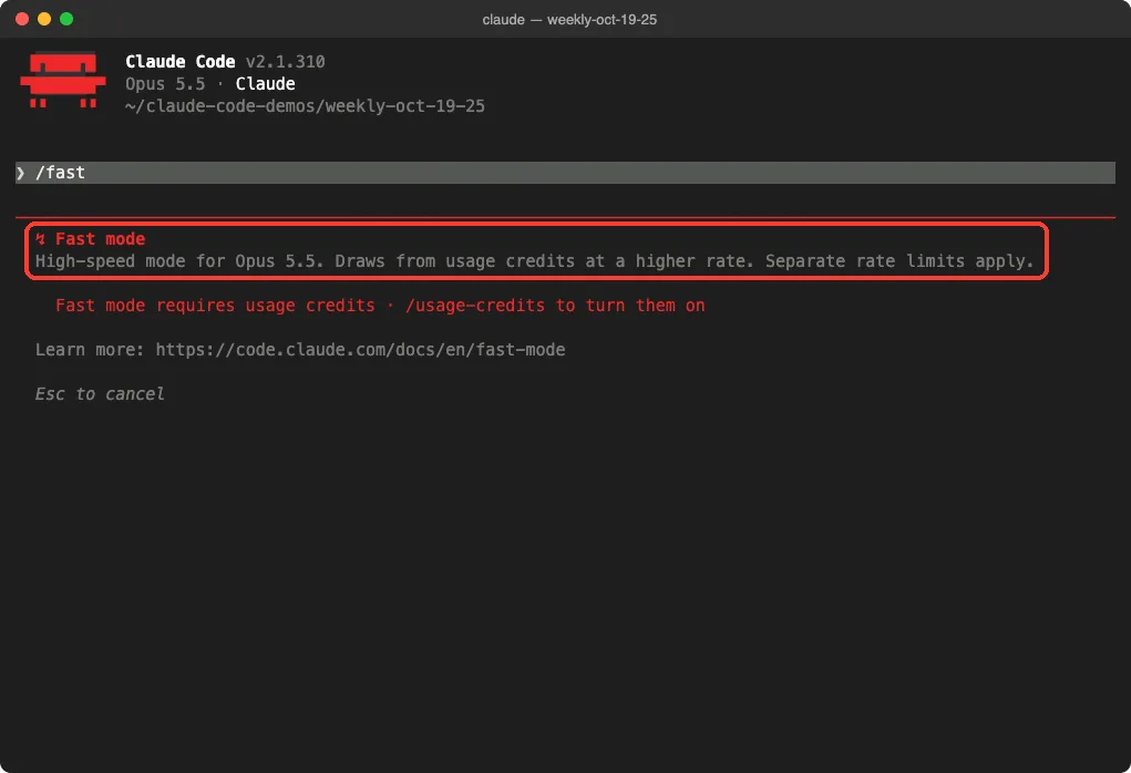Claude Code fast mode dialog titled Fast mode without a research preview label