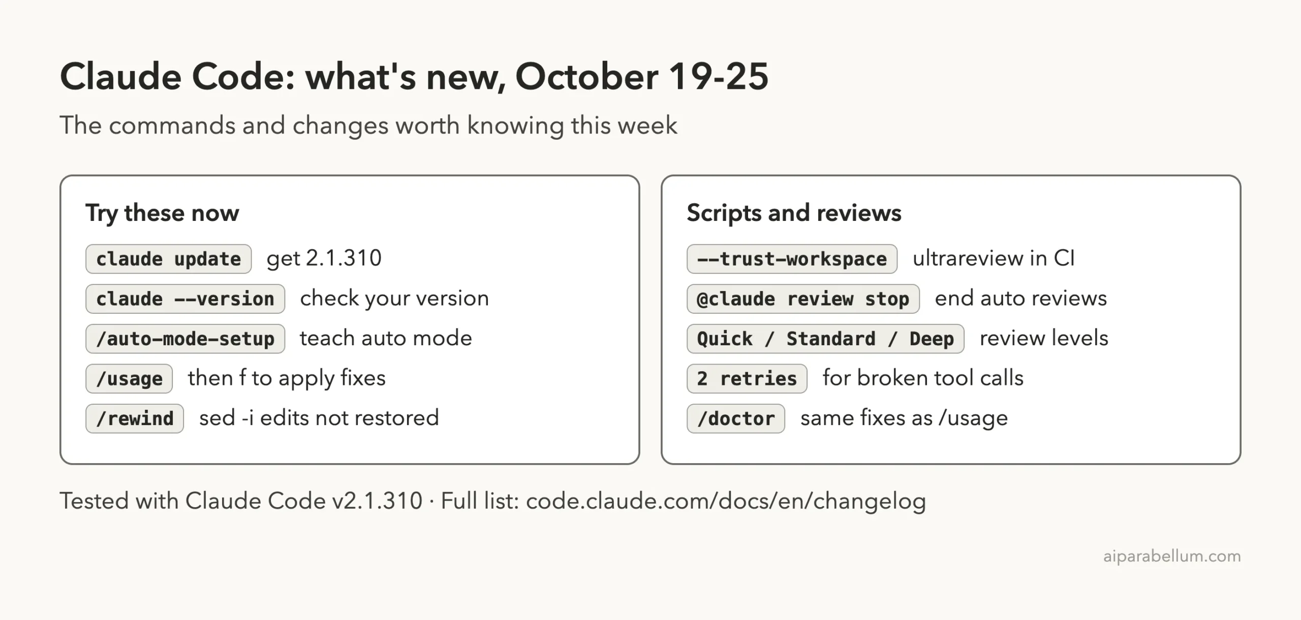 Cheat sheet of this week's Claude Code commands and changes, including claude update, /auto-mode-setup and --trust-workspace