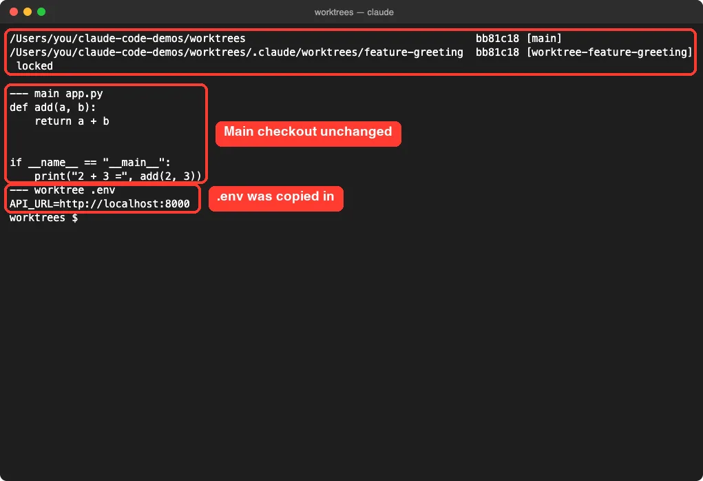 git worktree list output plus the unchanged main app.py and the copied .env file in the worktree