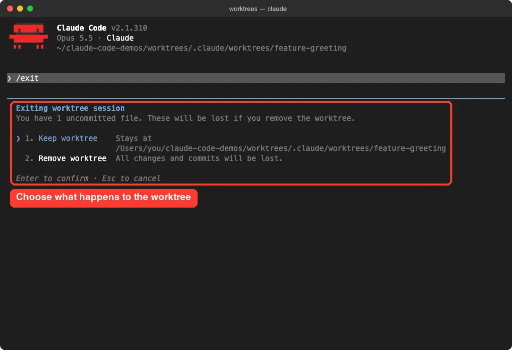 Exiting worktree session prompt with Keep worktree and Remove worktree options