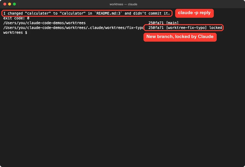 Headless claude -p reply and git worktree list showing the new locked fix-typo worktree