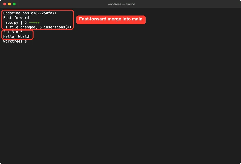 Fast-forward merge of the worktree branch into main followed by running app.py