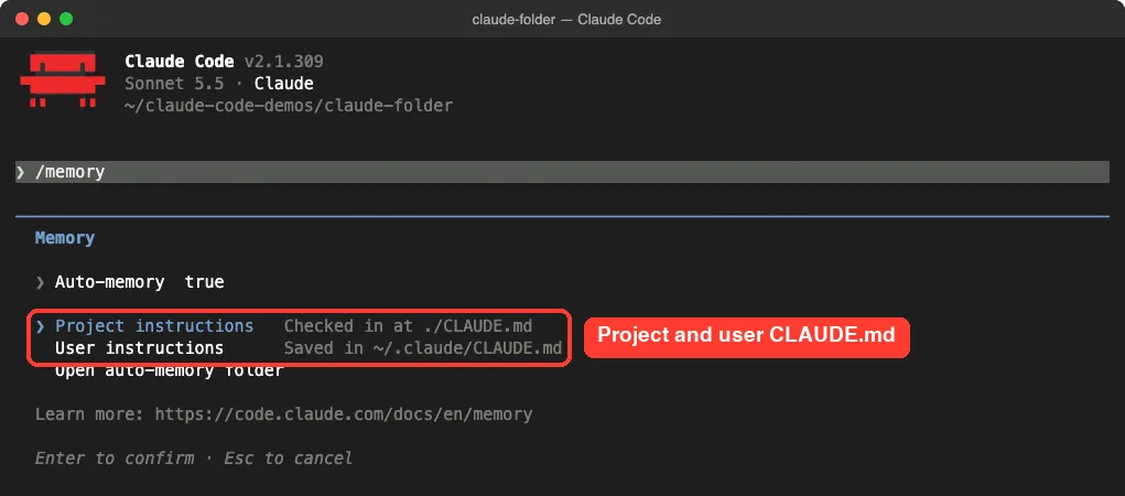 Claude Code /memory dialog showing Auto-memory set to true, Project instructions checked in at ./CLAUDE.md, User instructions saved in ~/.claude/CLAUDE.md, and an option to open the auto-memory folder