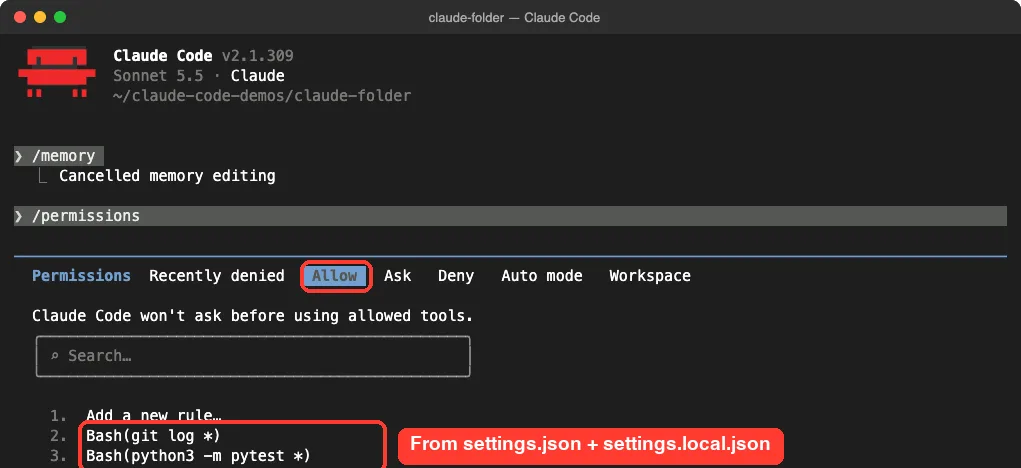 Claude Code /permissions dialog on the Allow tab listing Bash(git log *) and Bash(python3 -m pytest *) as allowed rules