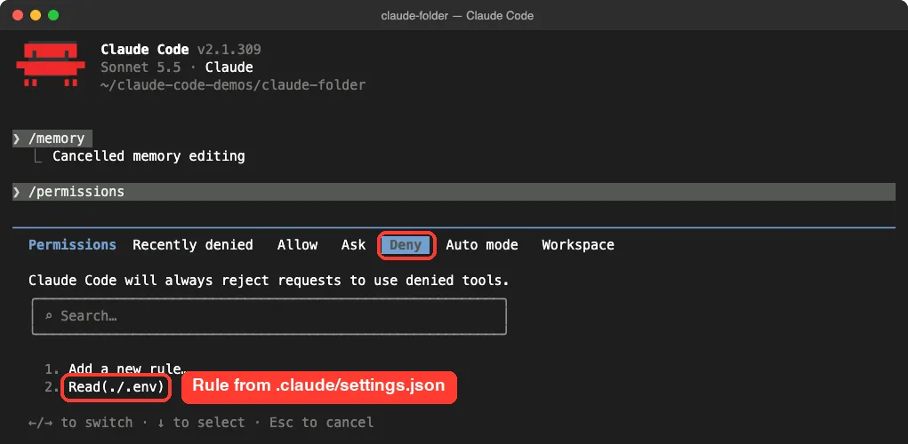 Claude Code /permissions dialog on the Deny tab listing Read(./.env), with the note that Claude Code will always reject requests to use denied tools