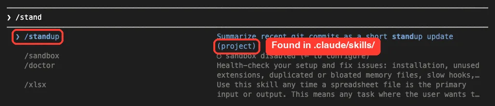 Claude Code command menu after typing /stand, with /standup at the top and its description followed by the label (project)