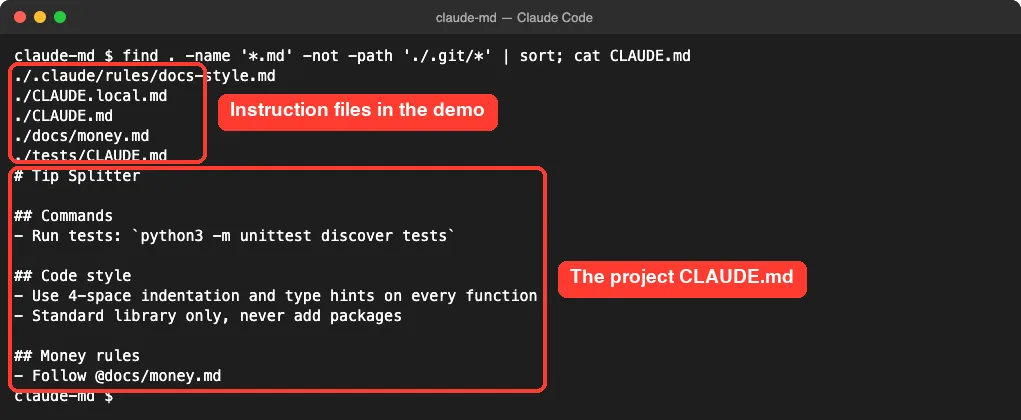 Terminal listing the demo's instruction files and printing a short project CLAUDE.md with Commands, Code style and Money rules sections