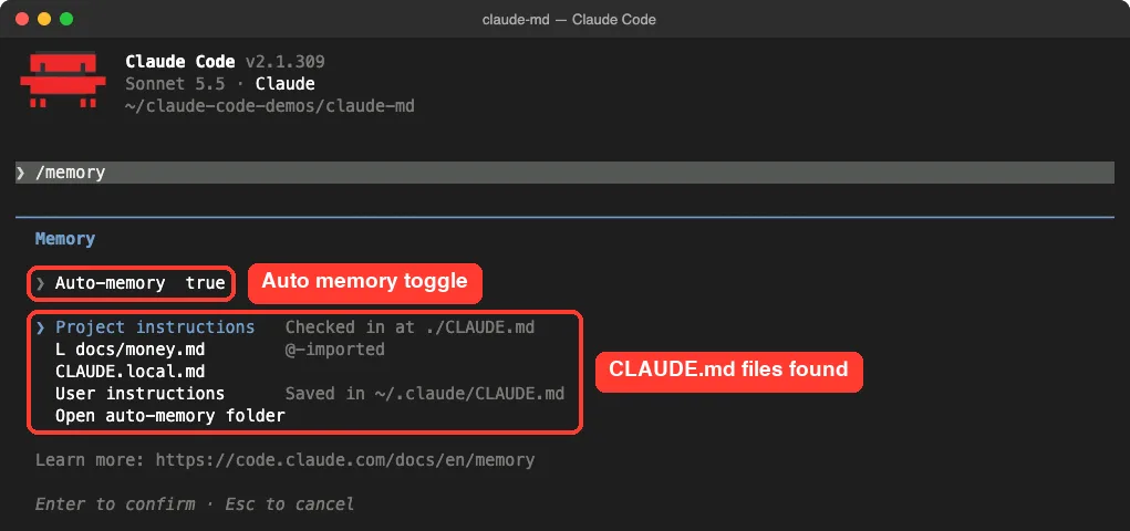 The /memory menu in Claude Code showing Auto-memory true, Project instructions at ./CLAUDE.md, docs/money.md marked @-imported, CLAUDE.local.md and User instructions