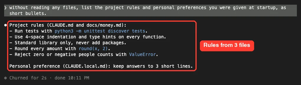 Claude Code answering a prompt by listing project rules from CLAUDE.md and docs/money.md and a personal preference from CLAUDE.local.md