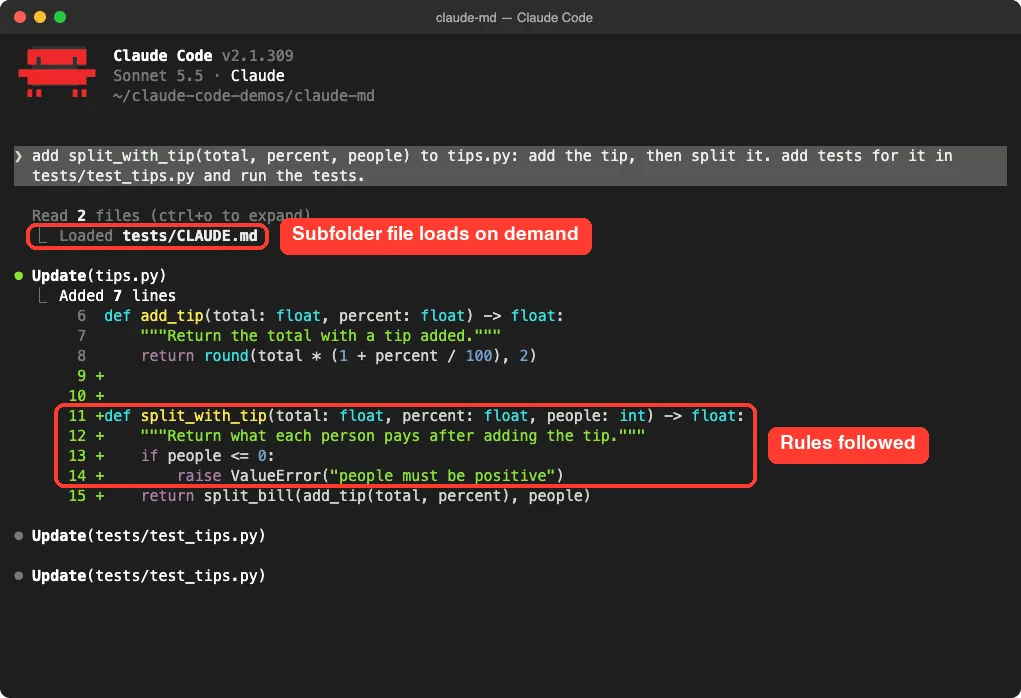 Claude Code reading two files, showing Loaded tests/CLAUDE.md, then adding split_with_tip with type hints and a ValueError for zero or negative people