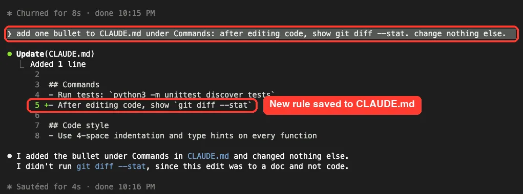 Claude Code adding one bullet to CLAUDE.md under Commands: after editing code, show git diff --stat, with a one-line diff