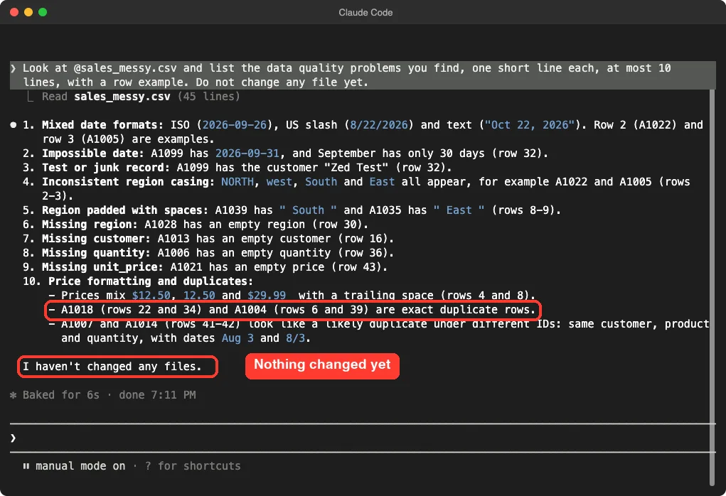 Claude Code listing ten data quality problems found in the CSV file, with the duplicate rows and the note that no files were changed highlighted
