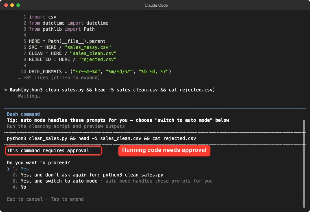 Claude Code asking for approval to run python3 clean_sales.py with the approval notice highlighted