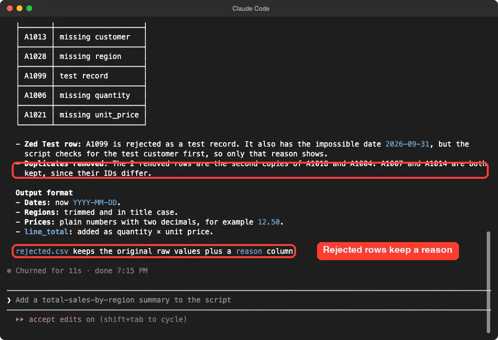 Claude Code summary of the cleaning run showing rejected rows, the Zed Test explanation and the duplicates removed
