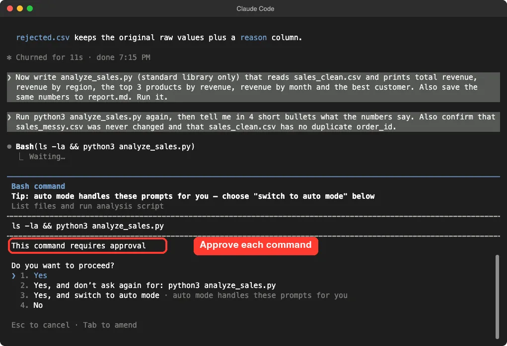 Claude Code asking for approval to run python3 analyze_sales.py with the approval notice highlighted