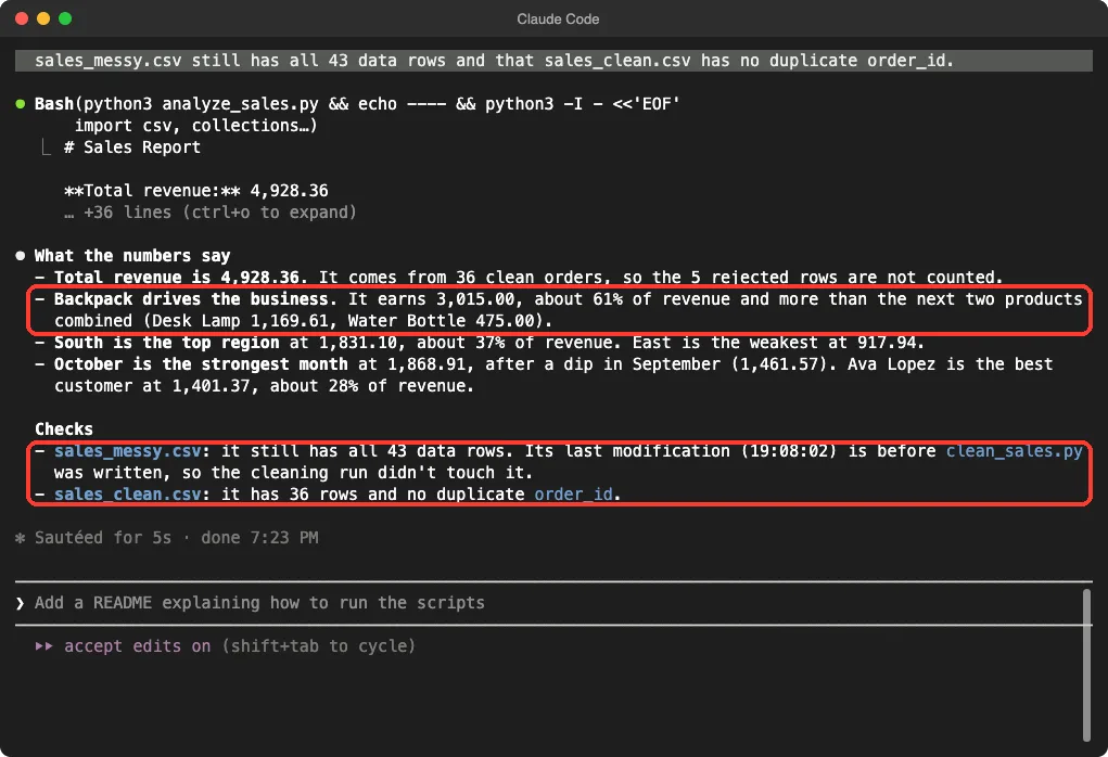 Claude Code summary with four bullets about revenue and a checks section confirming the original file has 43 rows and the clean file has no duplicate order IDs