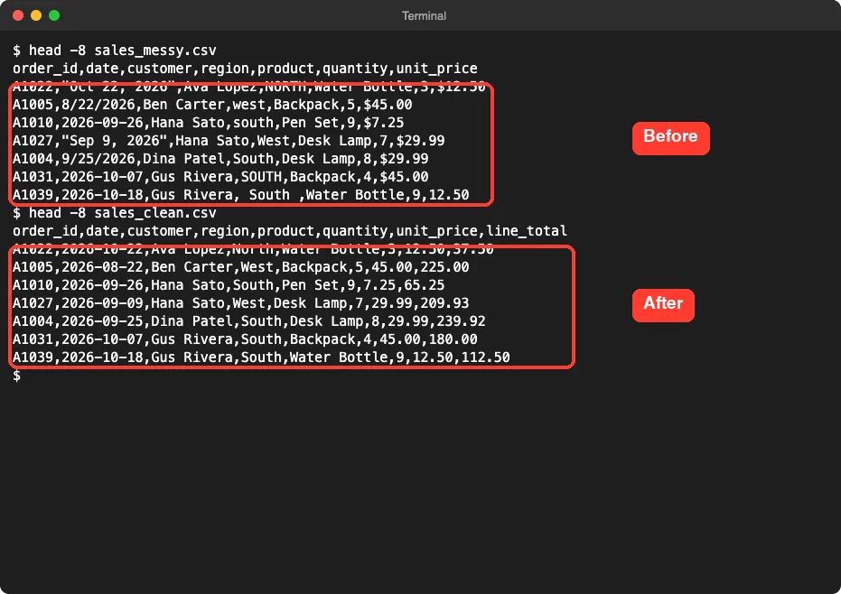 Terminal showing the first rows of the messy file with mixed dates and capitals, then the same rows cleaned with ISO dates and a line_total column