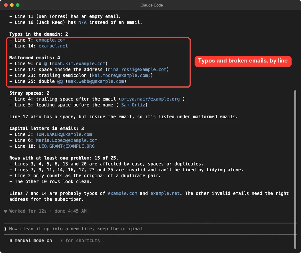 Claude Code listing problems in the subscriber file by kind with line numbers: typos in the domain, malformed emails, stray spaces and capital letters, with the typos and malformed emails highlighted