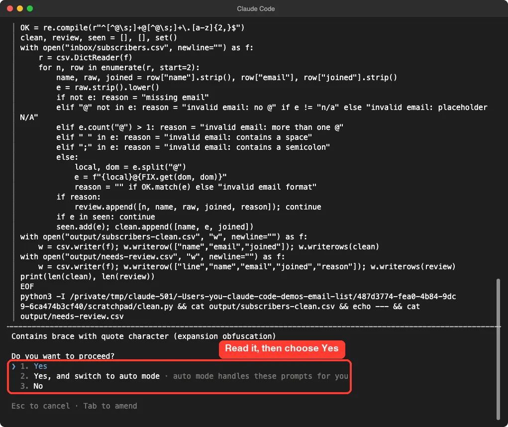 Claude Code showing a Python script that cleans the subscriber file and asking Do you want to proceed, with the Yes, auto mode and No options highlighted
