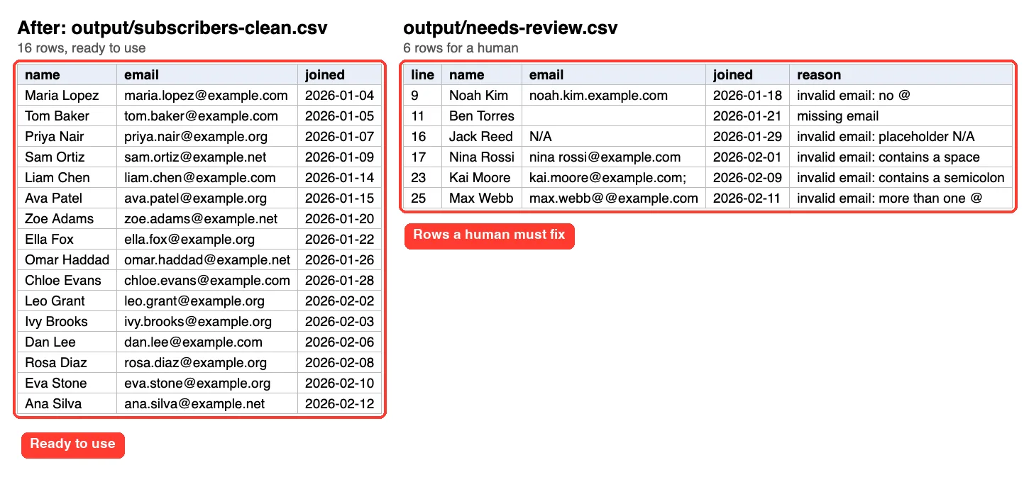 Two tables side by side: the clean subscriber file with 16 rows of lowercase emails, and the needs-review file with 6 rows and a reason column, both highlighted