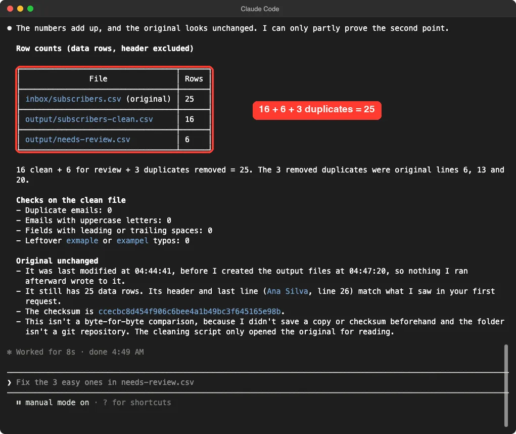 Claude Code table of row counts: 25 in the original, 16 in the clean file and 6 in the review file, with the table highlighted