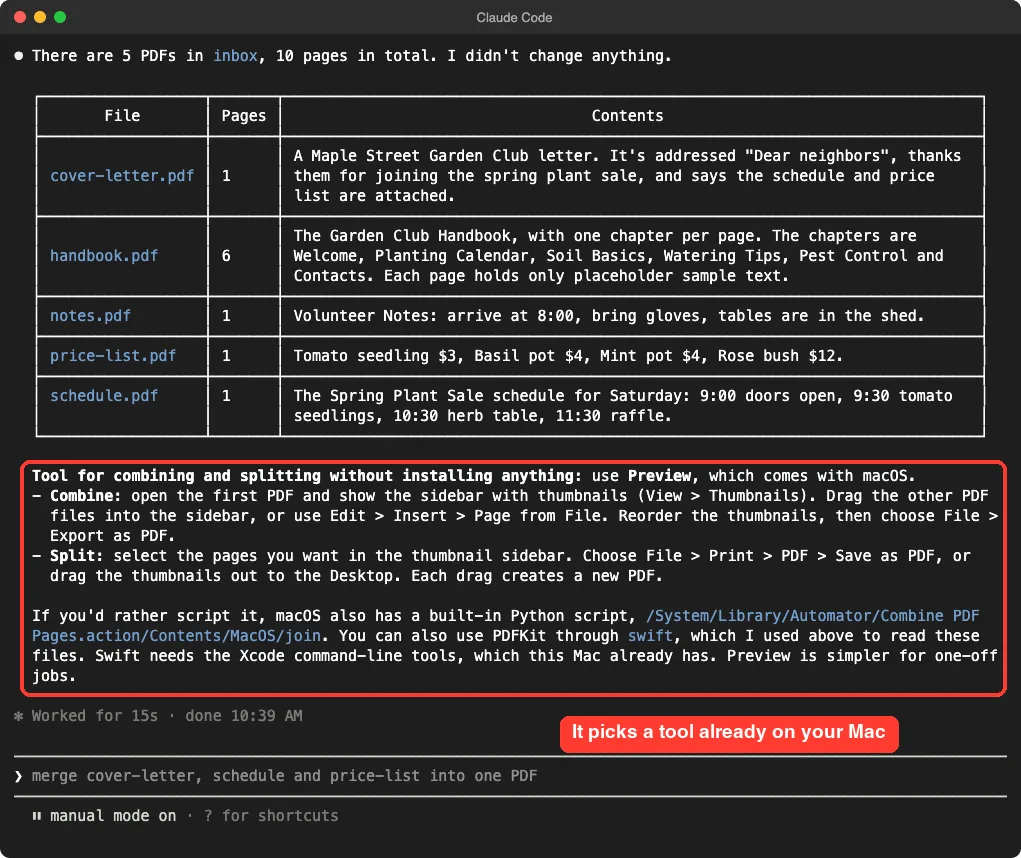 Claude Code terminal showing a table of five PDFs with page counts and contents, followed by advice to use Preview or a built-in macOS script, with the tool advice highlighted