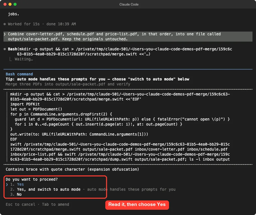 Claude Code asking permission to run a Bash command that merges three PDFs, showing the script and the options Yes, Yes and switch to auto mode, and No, with the question highlighted