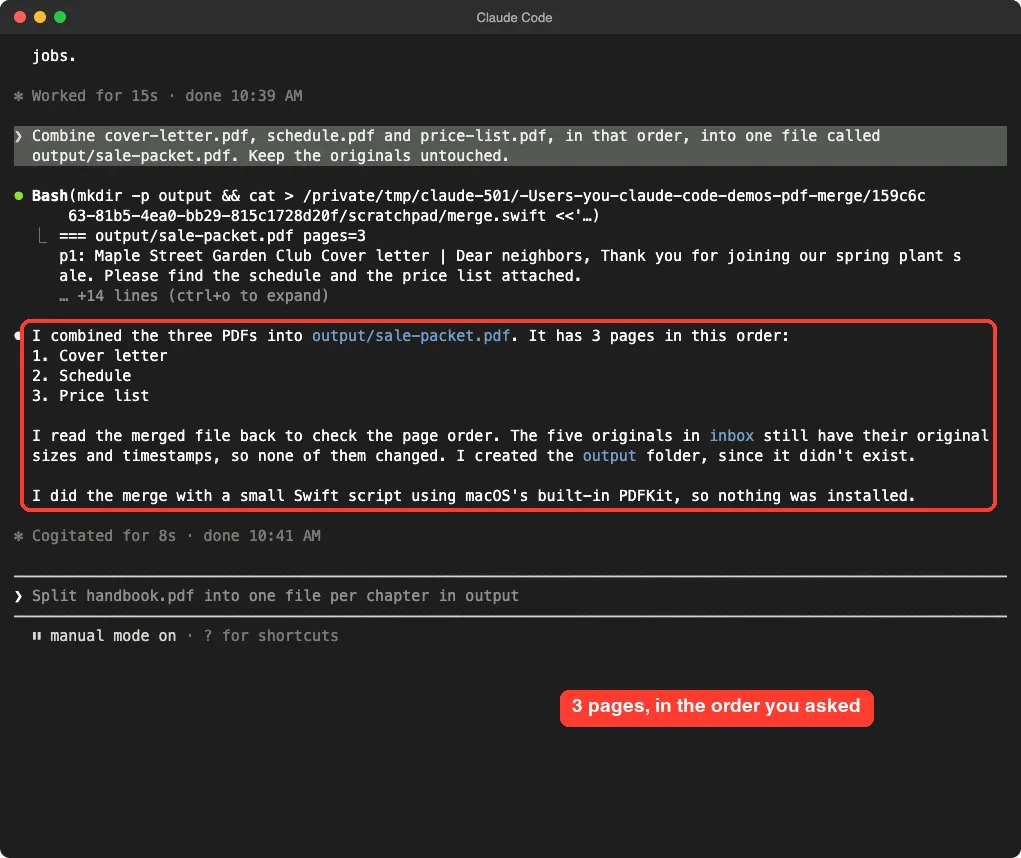 Claude Code reporting that it combined three PDFs into output/sale-packet.pdf with three pages in the order cover letter, schedule, price list, with the report highlighted