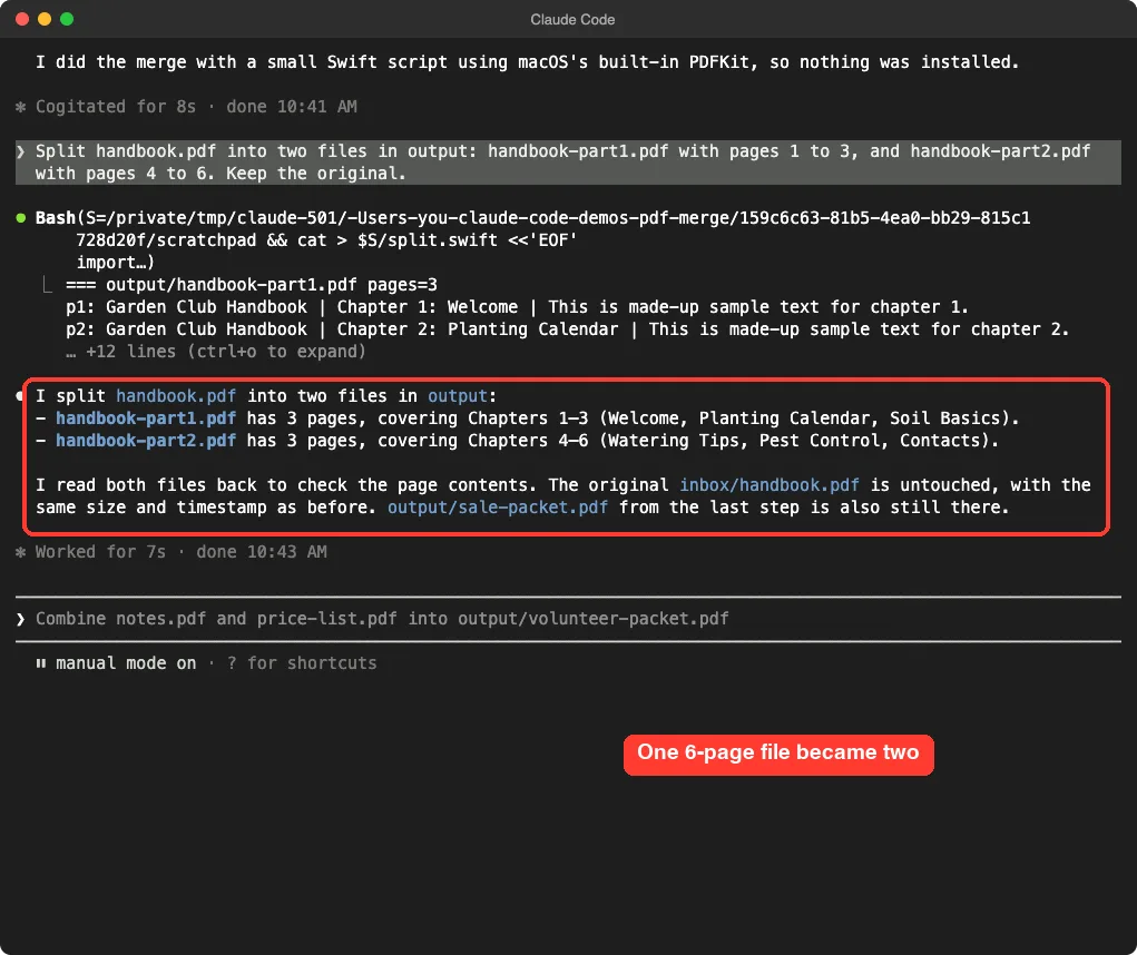 Claude Code reporting that handbook.pdf was split into handbook-part1.pdf and handbook-part2.pdf with three pages each and the original untouched, with the report highlighted