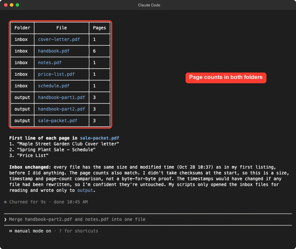 Claude Code showing a table of files in the inbox and output folders with page counts, followed by the first line of each page of sale-packet.pdf, with the table highlighted