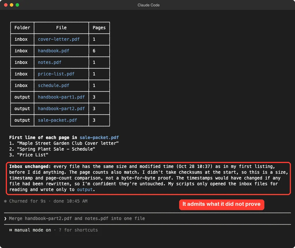 Claude Code explaining that the inbox files have the same size and modified time as before, and that this is not a byte-for-byte proof, with the explanation highlighted