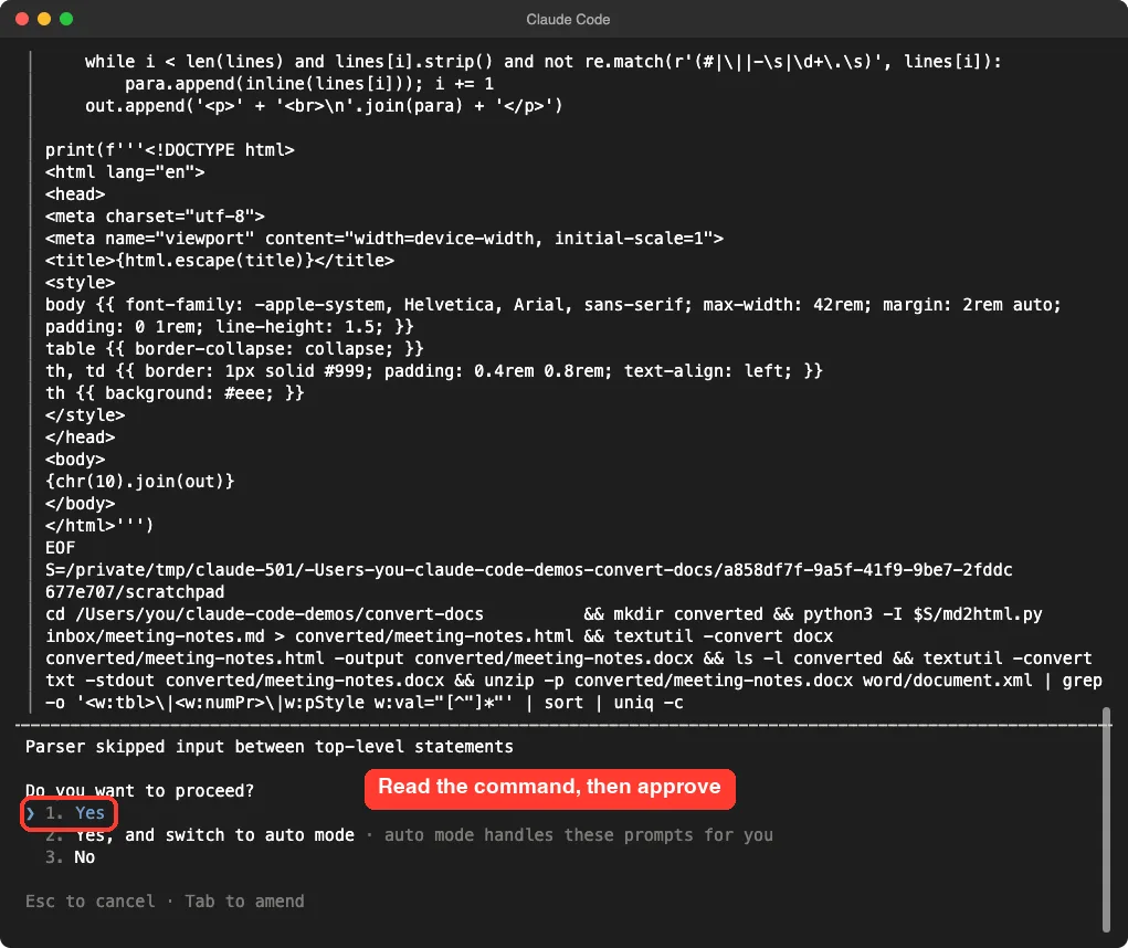 Claude Code permission prompt for a long command that creates converted meeting-notes.html and meeting-notes.docx, with the question Do you want to proceed and options Yes, Yes and switch to auto mode, and No