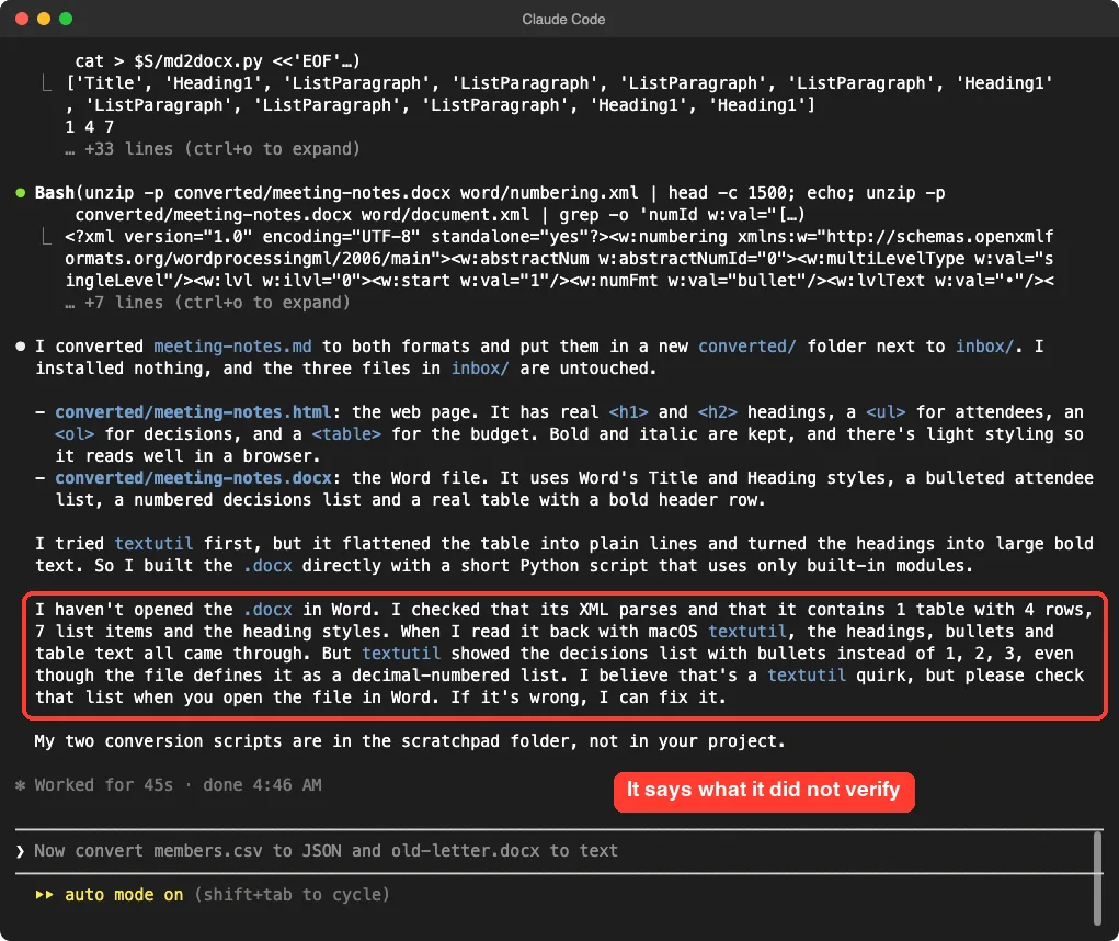 Claude Code summary saying it converted the note to html and docx in a new converted folder, installed nothing, and that it has not opened the docx in Word and the numbered list read back as bullets in one check