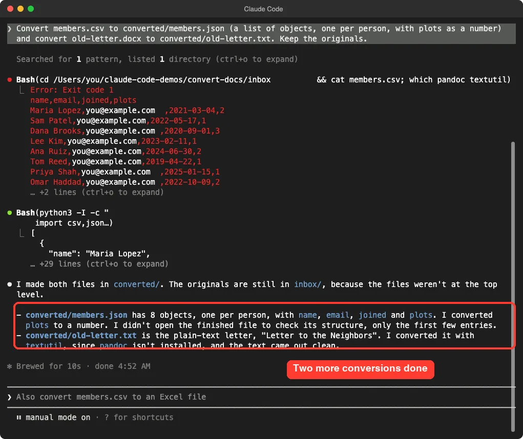 Claude Code output saying it made members.json with 8 objects and old-letter.txt in the converted folder, keeping the originals in inbox, using textutil because pandoc is not installed