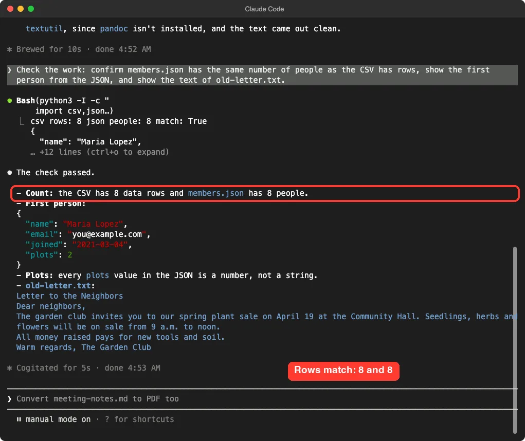 Claude Code showing csv rows 8, json people 8, match True, the first person Maria Lopez with plots as the number 2, and the text of old-letter.txt