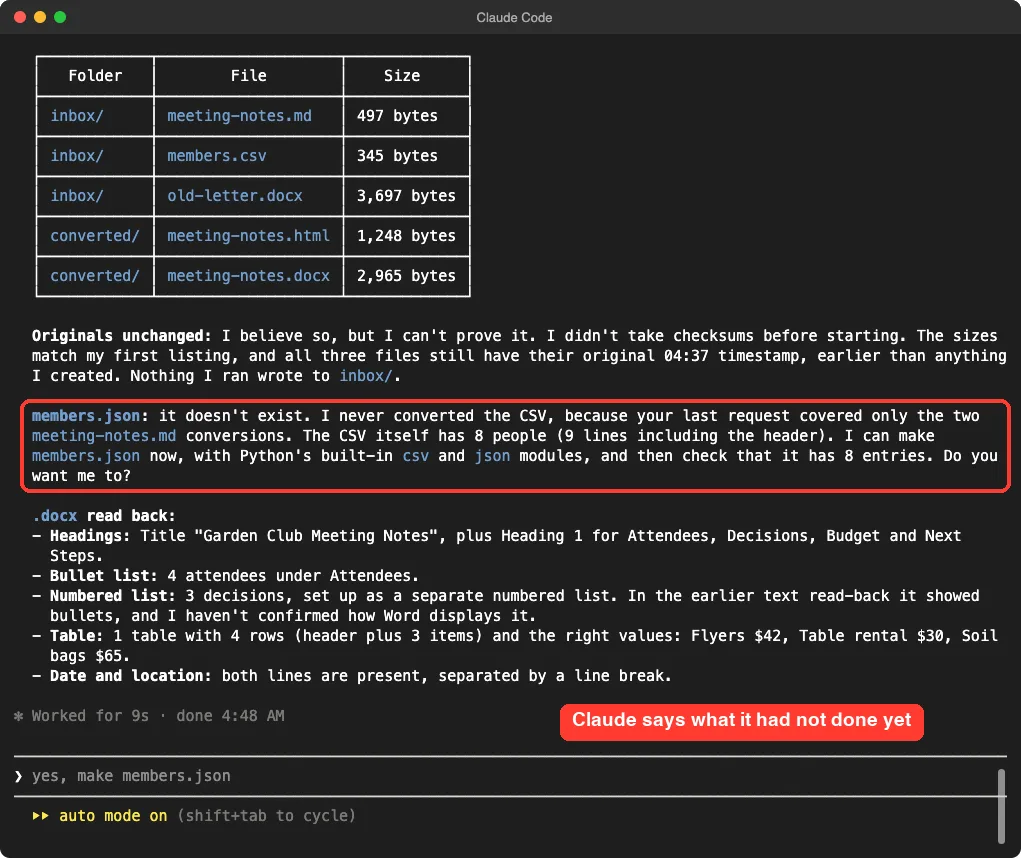 Claude Code check showing a file table with sizes for inbox and converted folders, and a note that members.json does not exist because the CSV was never converted, plus a docx read-back listing headings, bullets and a table