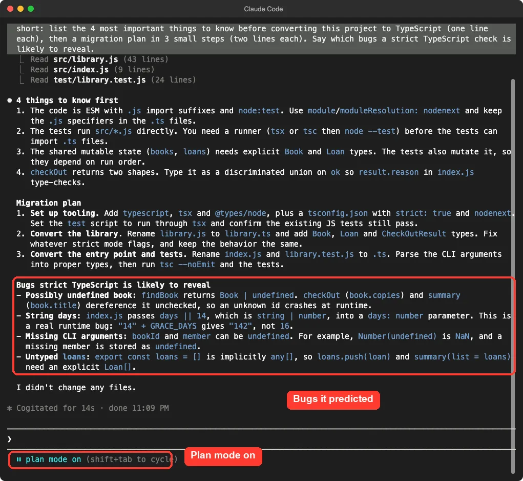 Claude Code in plan mode listing four things to know, a three step migration plan and four bugs strict TypeScript is likely to reveal, with the bugs section highlighted