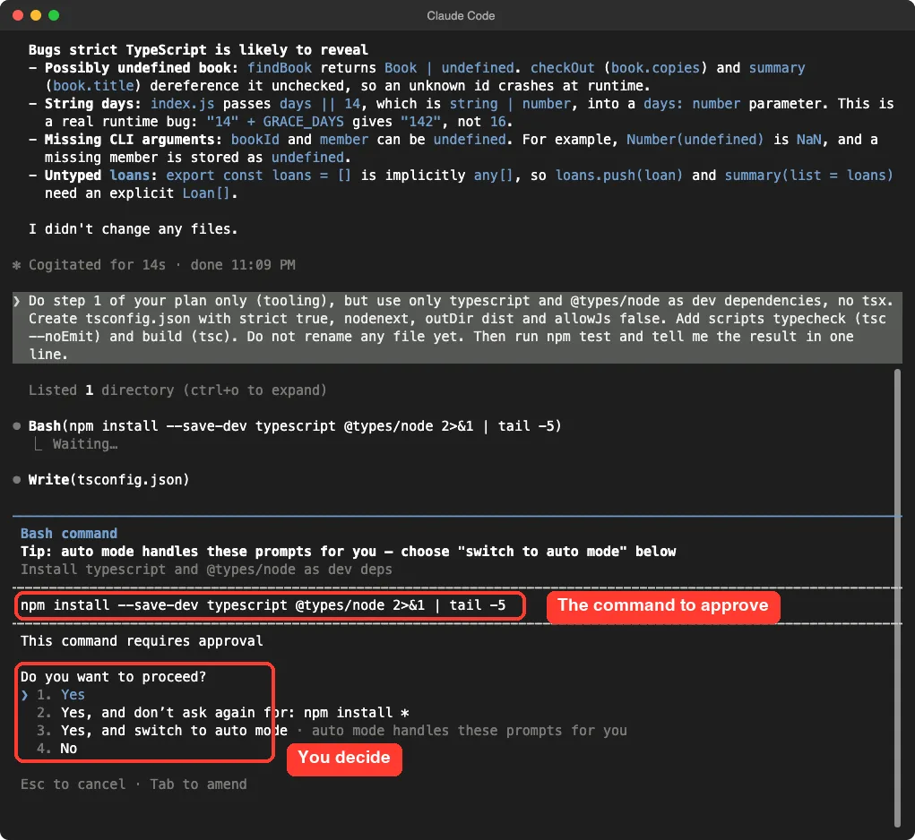 Claude Code asking for approval to run npm install --save-dev typescript @types/node, with the command and the yes and no choices highlighted